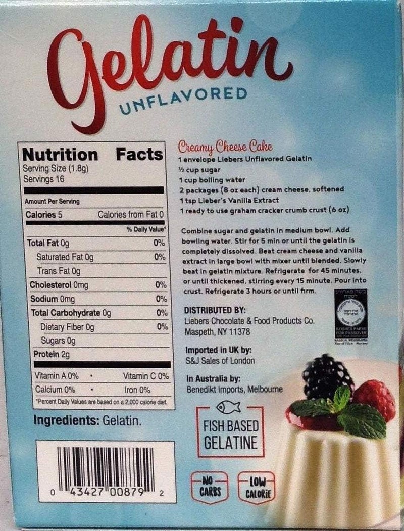 Lieber's Unflavored Gelatin - Sugar Free, Gluten Free, Kosher - 1 Oz Box with 2 Packets - Image 2